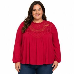 Torrid Tunic Blouse Womens 2 Plus Red Crochet High Neck Long Sleeve Sheer Top